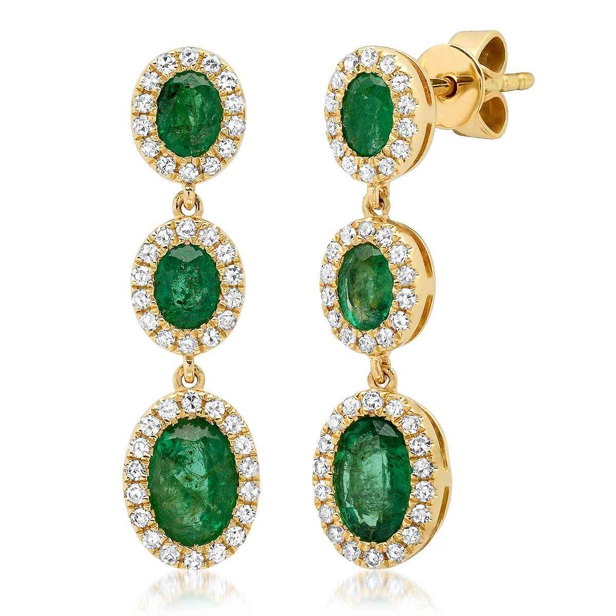 Oval Emerald and 1/3 ct. tw. Diamond Halo 3-Stone Drop Earrings in 14K Yellow Gold