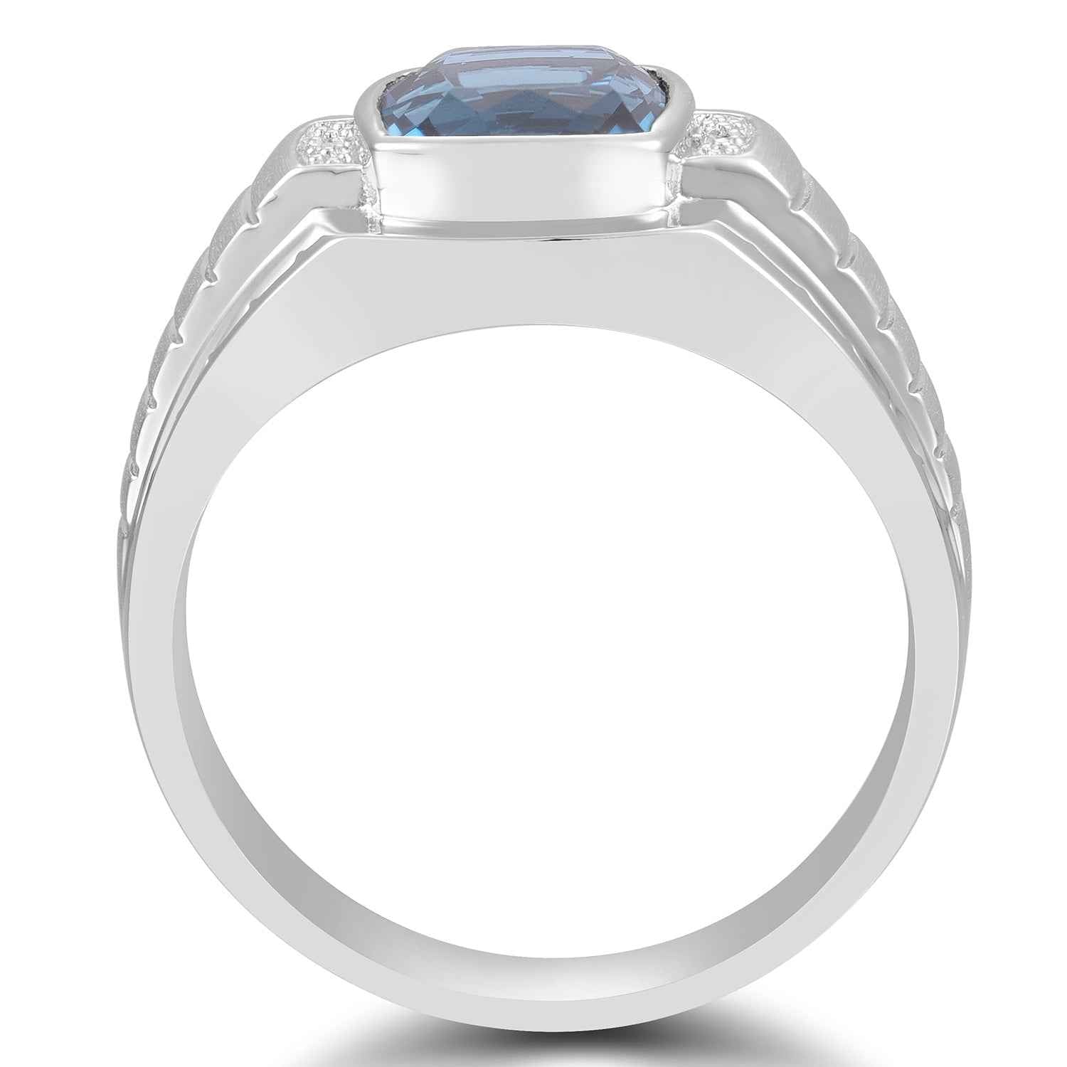 Men's Genuine Cushion Cut London Blue Topaz Ring with .01 ct. tw. Diamond Accents in Sterling Silver front view
