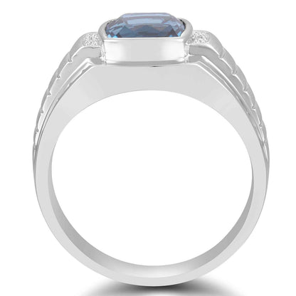 Men's Genuine Cushion Cut London Blue Topaz Ring with .01 ct. tw. Diamond Accents in Sterling Silver front view