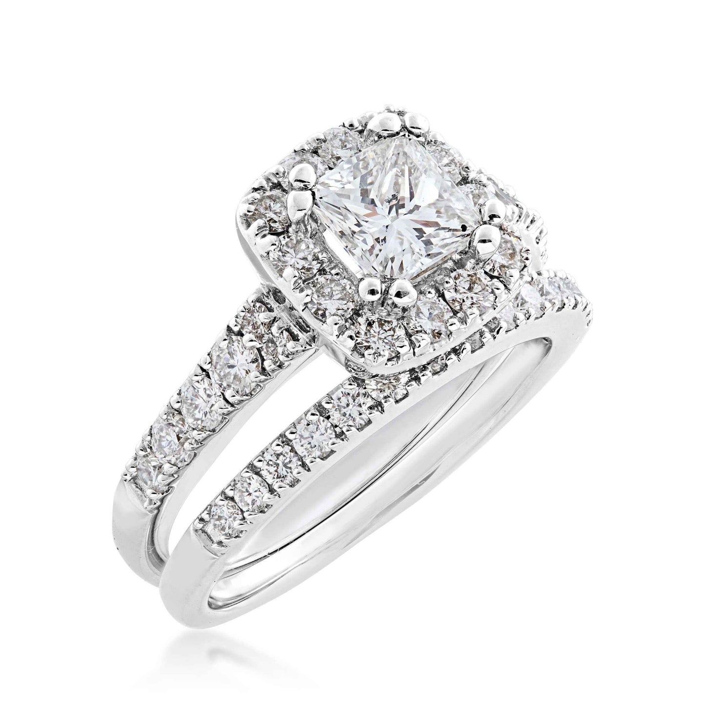 Noventa 2 ct. tw. Princess Cut Diamond Classic Halo Wedding Set in 14K White Gold close-up detail