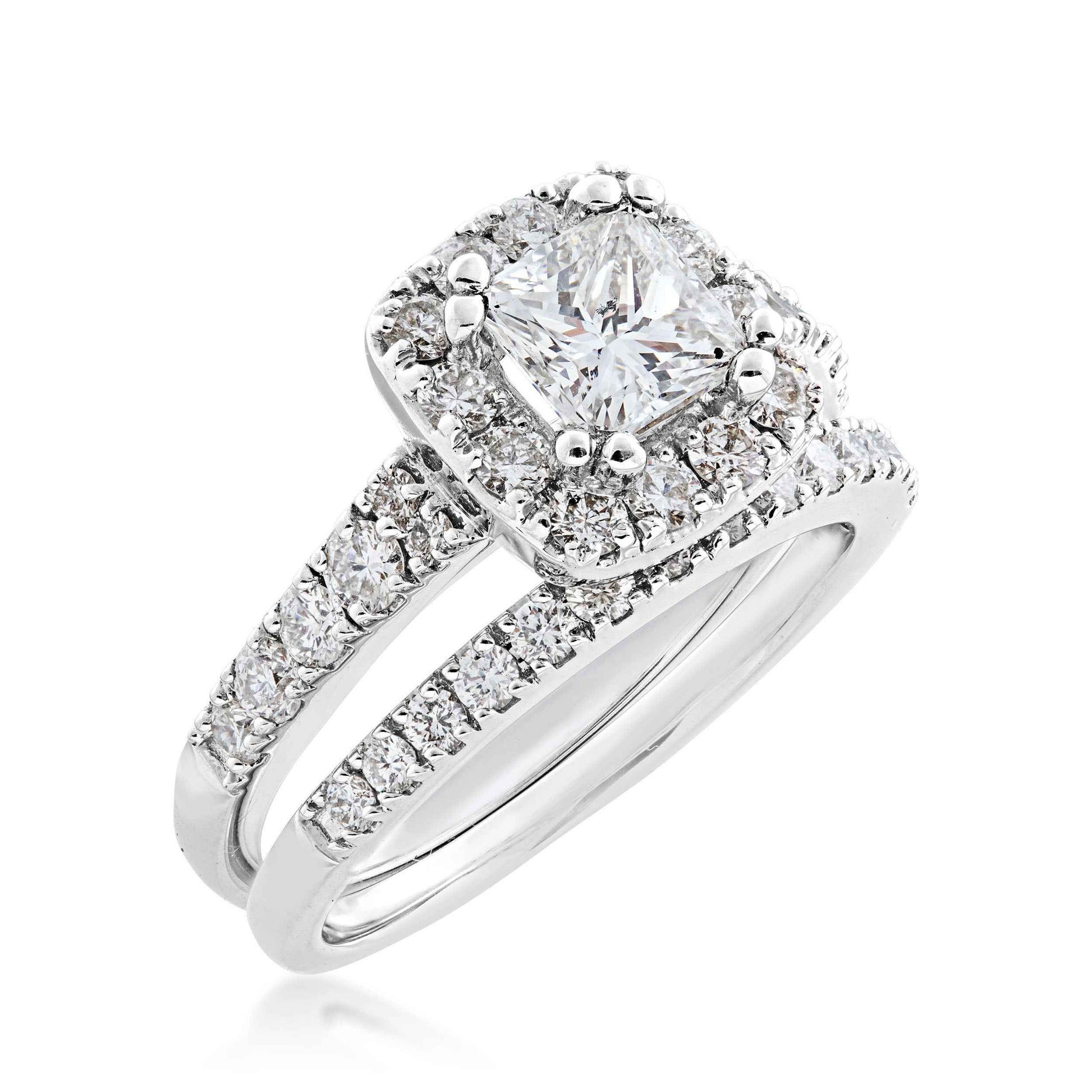 Noventa 2 ct. tw. Princess Cut Diamond Classic Halo Wedding Set in 14K White Gold close-up detail