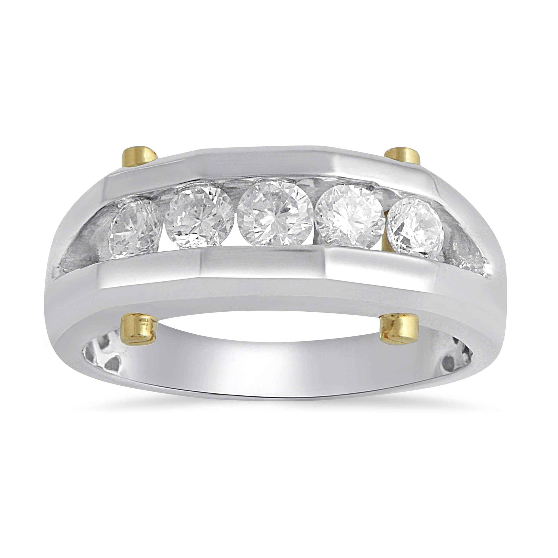 Men's 1 ct. tw. Round Brilliant Diamond Wedding Band with Beveled Face & Yellow Gold Bar Accents in 10K Two-Tone Gold