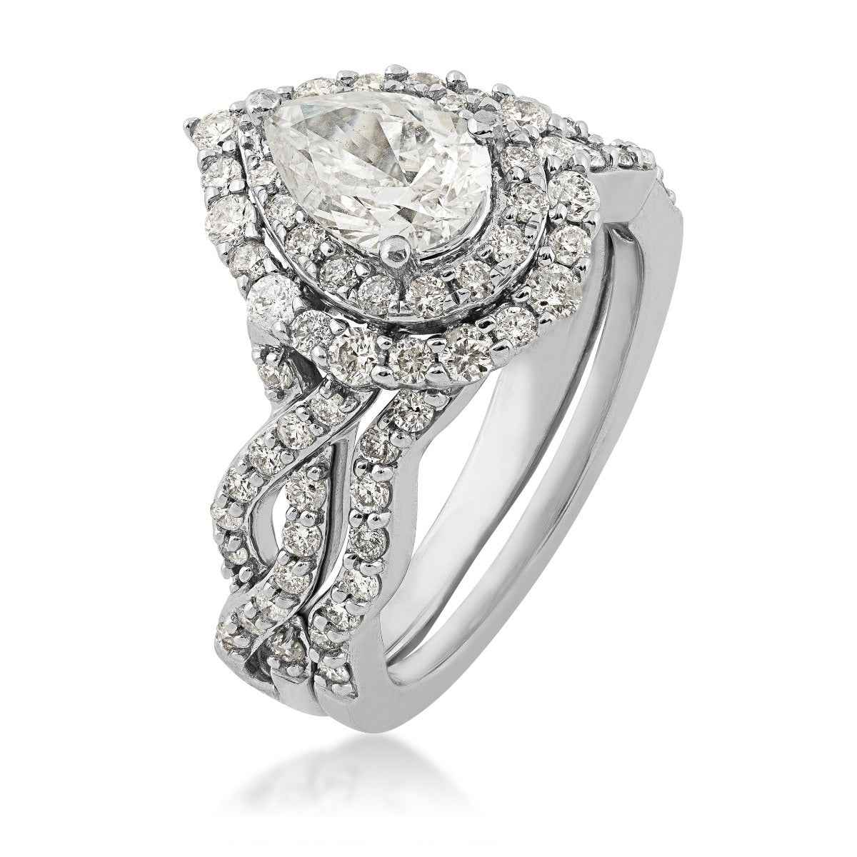 Amaura Collection 2 ct. tw. Pear-Shaped Double Halo Diamond Wedding Set with Twist Band in 14K White Gold front view