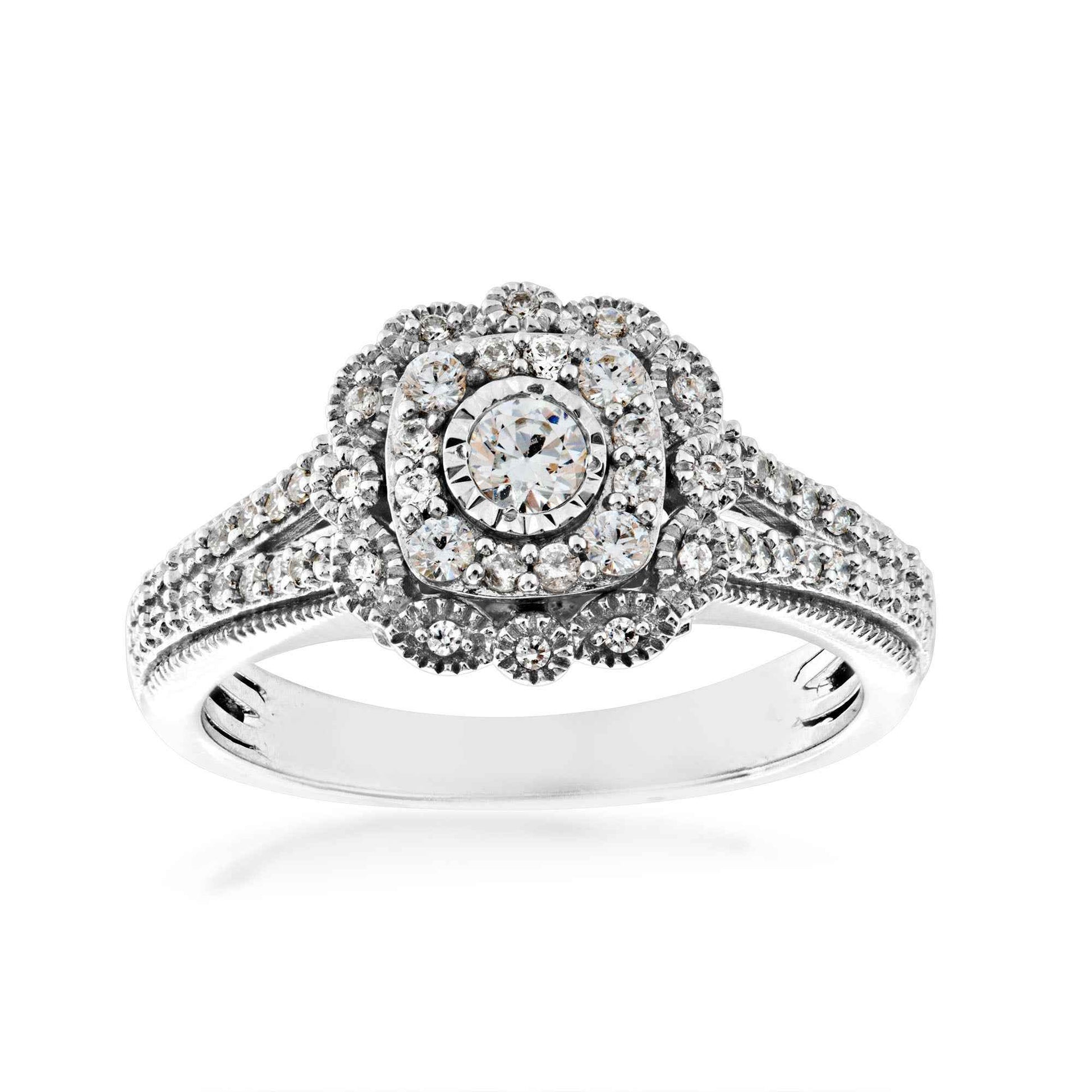 True Promise 3/8 ct. tw. Double Halo Miracle Plate Engagement Ring with Split Shank in 10K White Gold