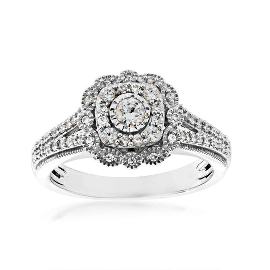 True Promise 3/8 ct. tw. Double Halo Miracle Plate Engagement Ring with Split Shank in 10K White Gold
