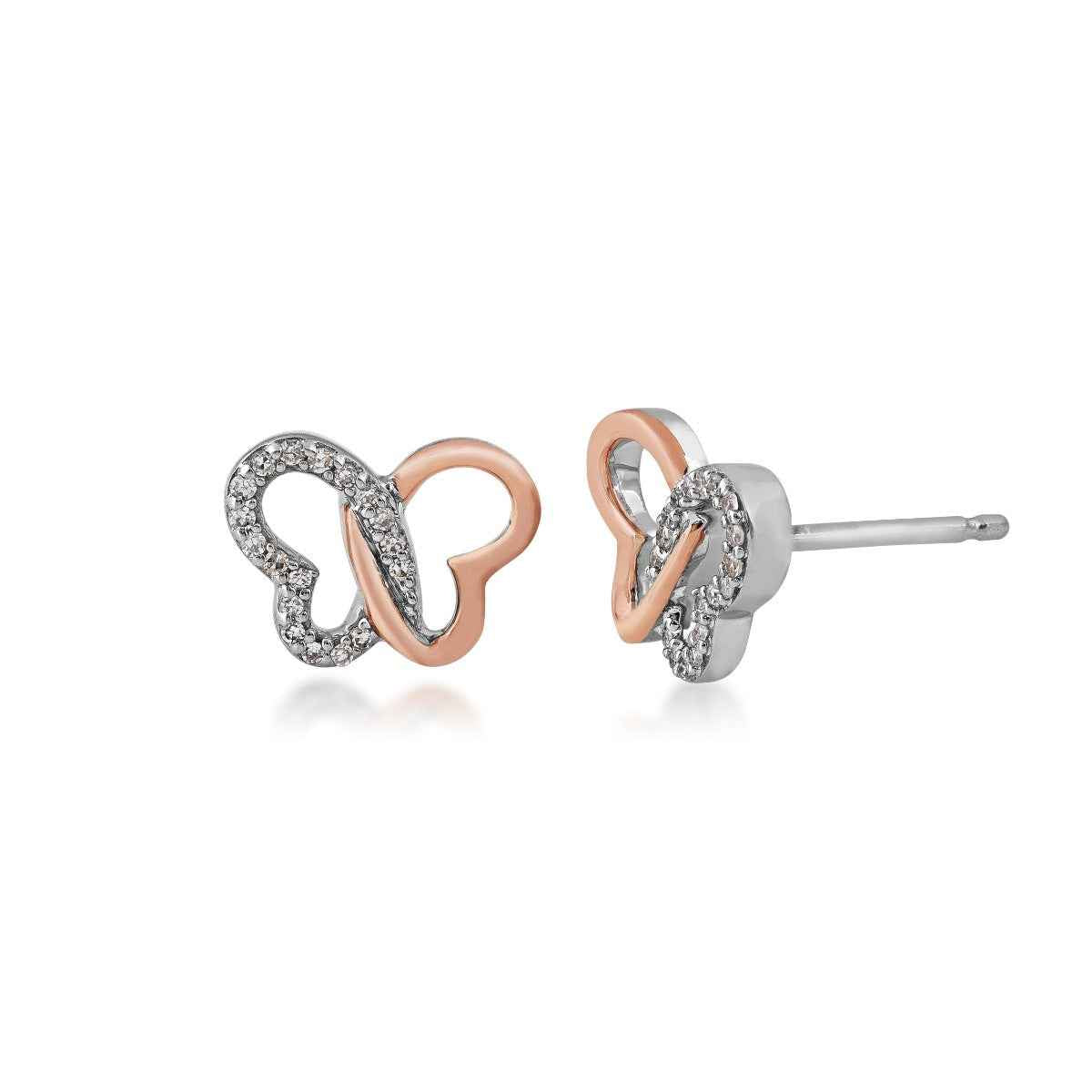 Infinite Love 1/10 ct. tw. Diamond Butterfly Earrings in Sterling Silver and 10K Pink Gold