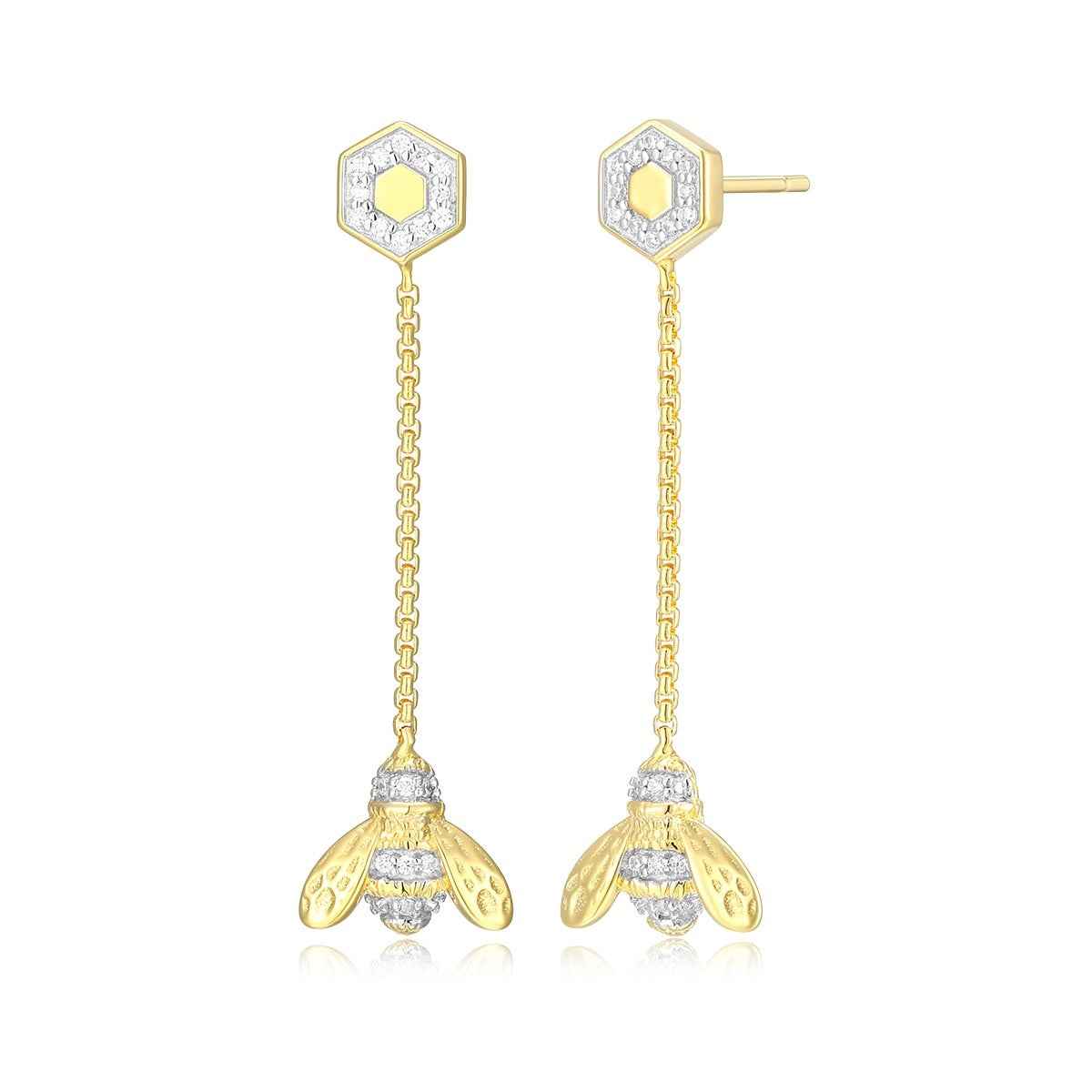M by Monte Luna 1/8 ct. tw. Lab-Grown Diamond Honey Bee Dangle Earrings in 14K Yellow Gold Plated Sterling Silver