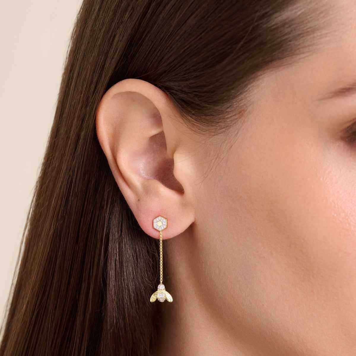 M by Monte Luna 1/8 ct. tw. Lab-Grown Diamond Honey Bee Dangle Earrings in 14K Yellow Gold Plated Sterling Silver