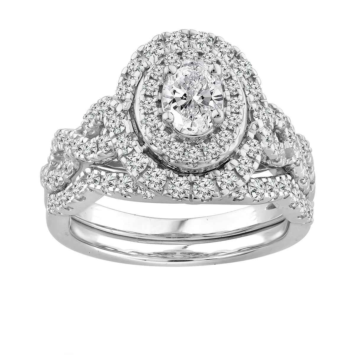 Natural 1-1/2 ct. tw. Oval Diamond Double Halo Twist Wedding Set in 14K White Gold