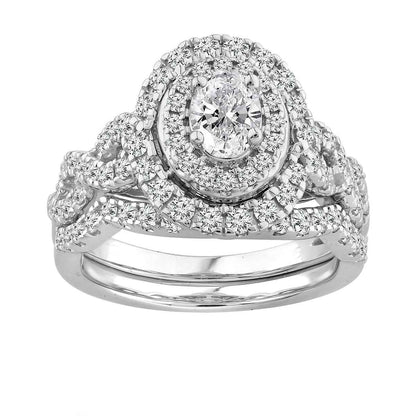 Natural 1-1/2 ct. tw. Oval Diamond Double Halo Twist Wedding Set in 14K White Gold