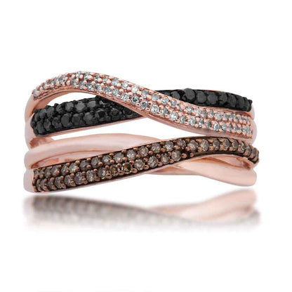 1/3 ct. tw Treated Black White and Mocha Diamond Intertwining Fashion Ring in 10K Pink Gold