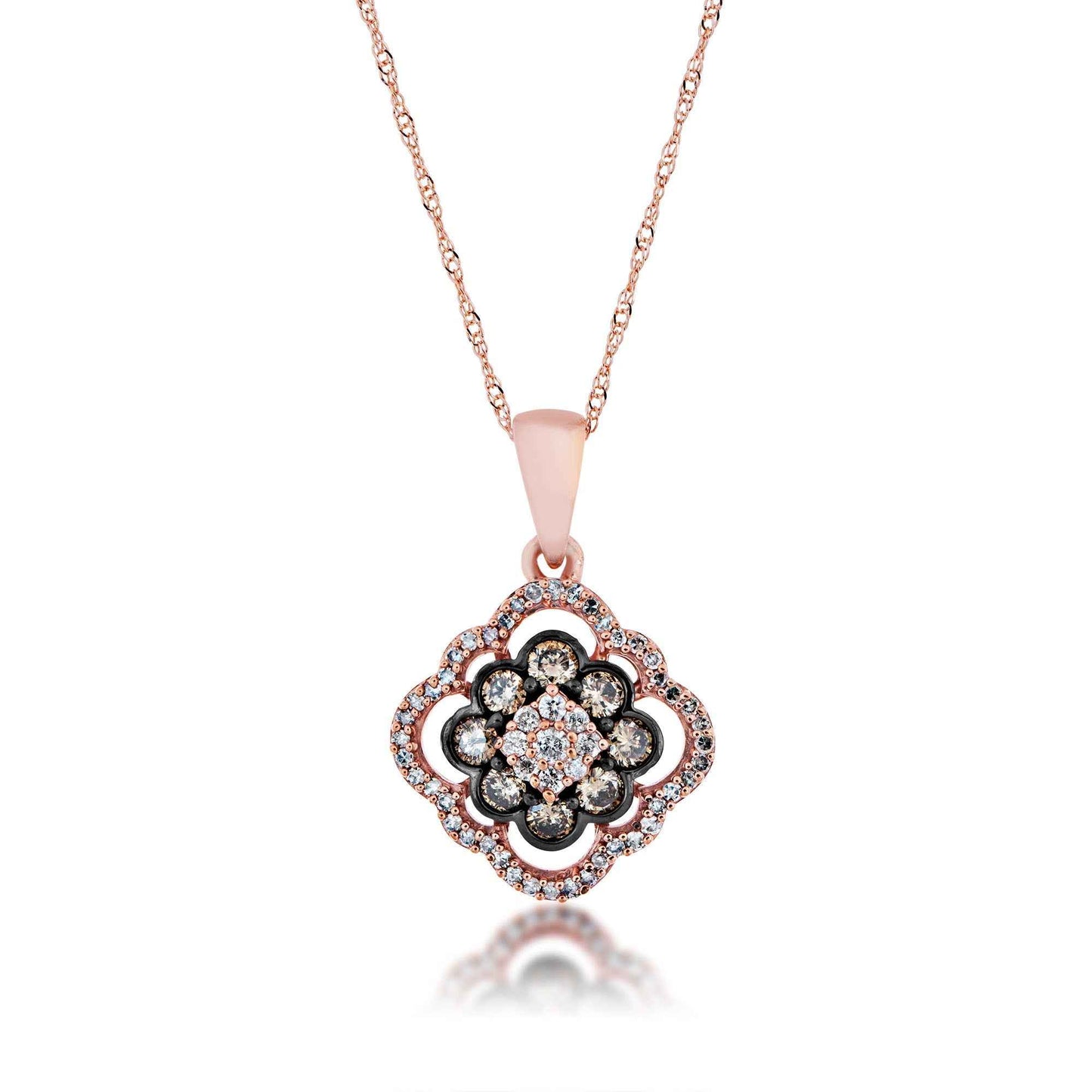 1/2 ct. tw. Round Mocha & White Diamond Clover Pendant with Black Rhodium Plated Halo in 10K Pink Gold