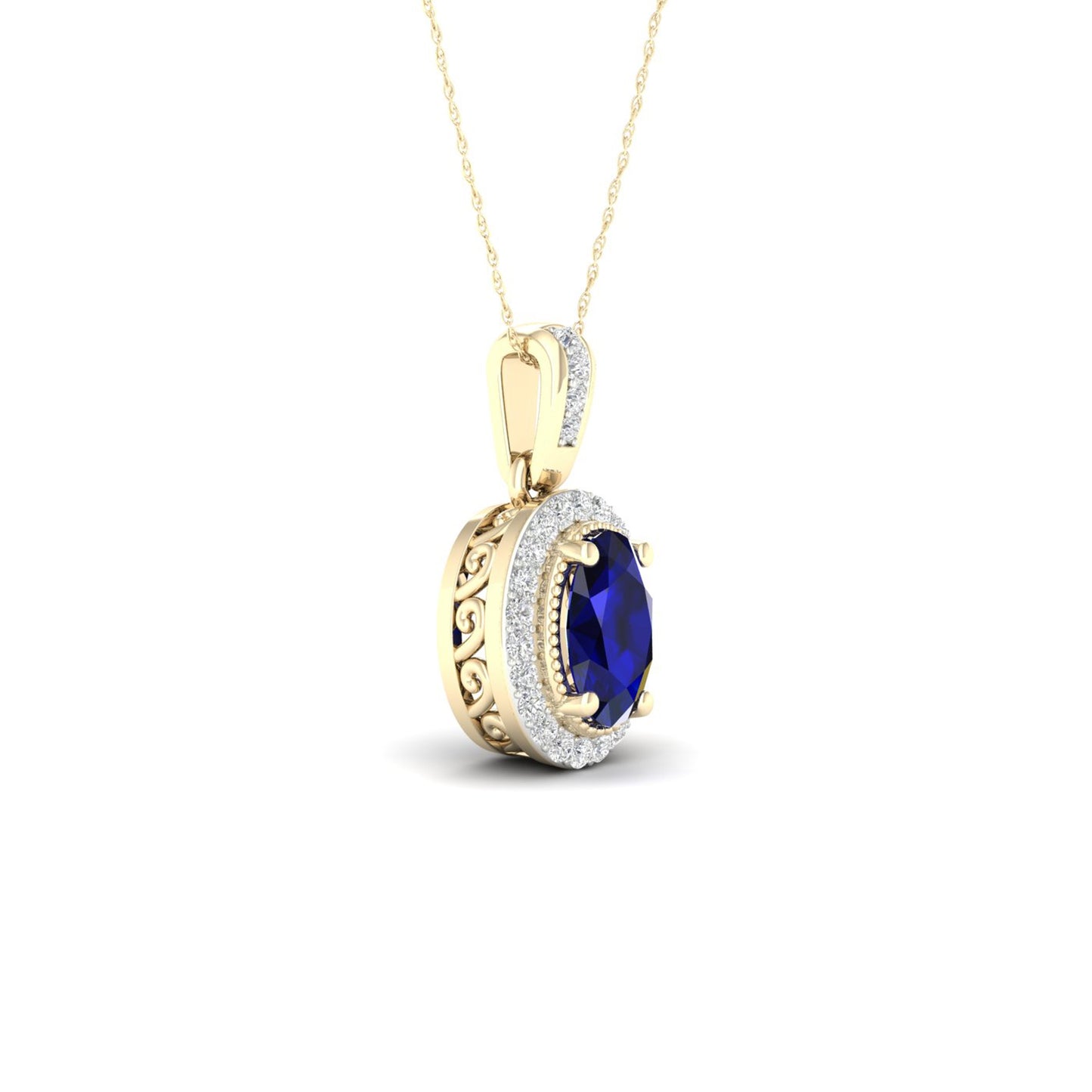 Oval Sapphire and Diamond Accent Halo Pendant with Milgrain and Filigree Design in 10K Yellow Gold front view