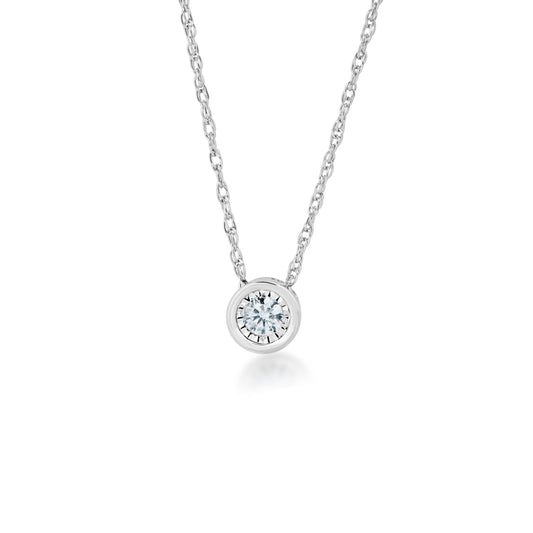1/10 ct. tw. Round Bezel Set Diamond Pendant with Miracle Plating in 10K White Gold