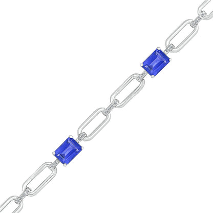 Created Emerald Cut Sapphire & Created White Sapphire Paperclip Bracelet in Sterling Silver front view