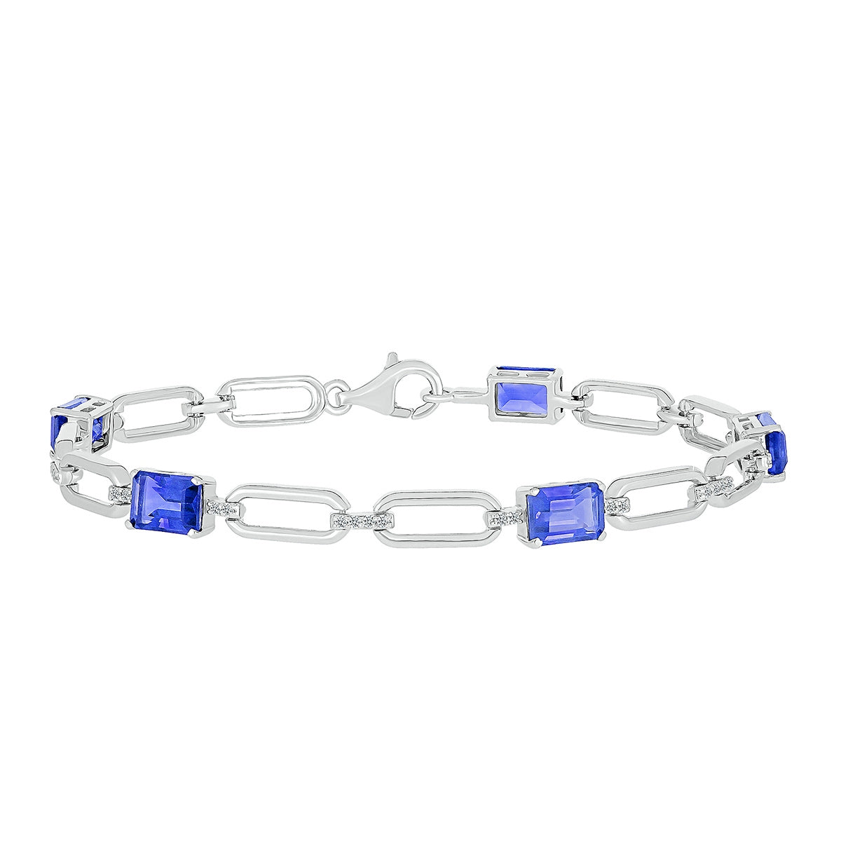 Created Emerald Cut Sapphire & Created White Sapphire Paperclip Bracelet in Sterling Silver
