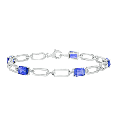 Created Emerald Cut Sapphire & Created White Sapphire Paperclip Bracelet in Sterling Silver
