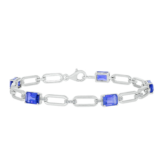 Created Emerald Cut Sapphire & Created White Sapphire Paperclip Bracelet in Sterling Silver