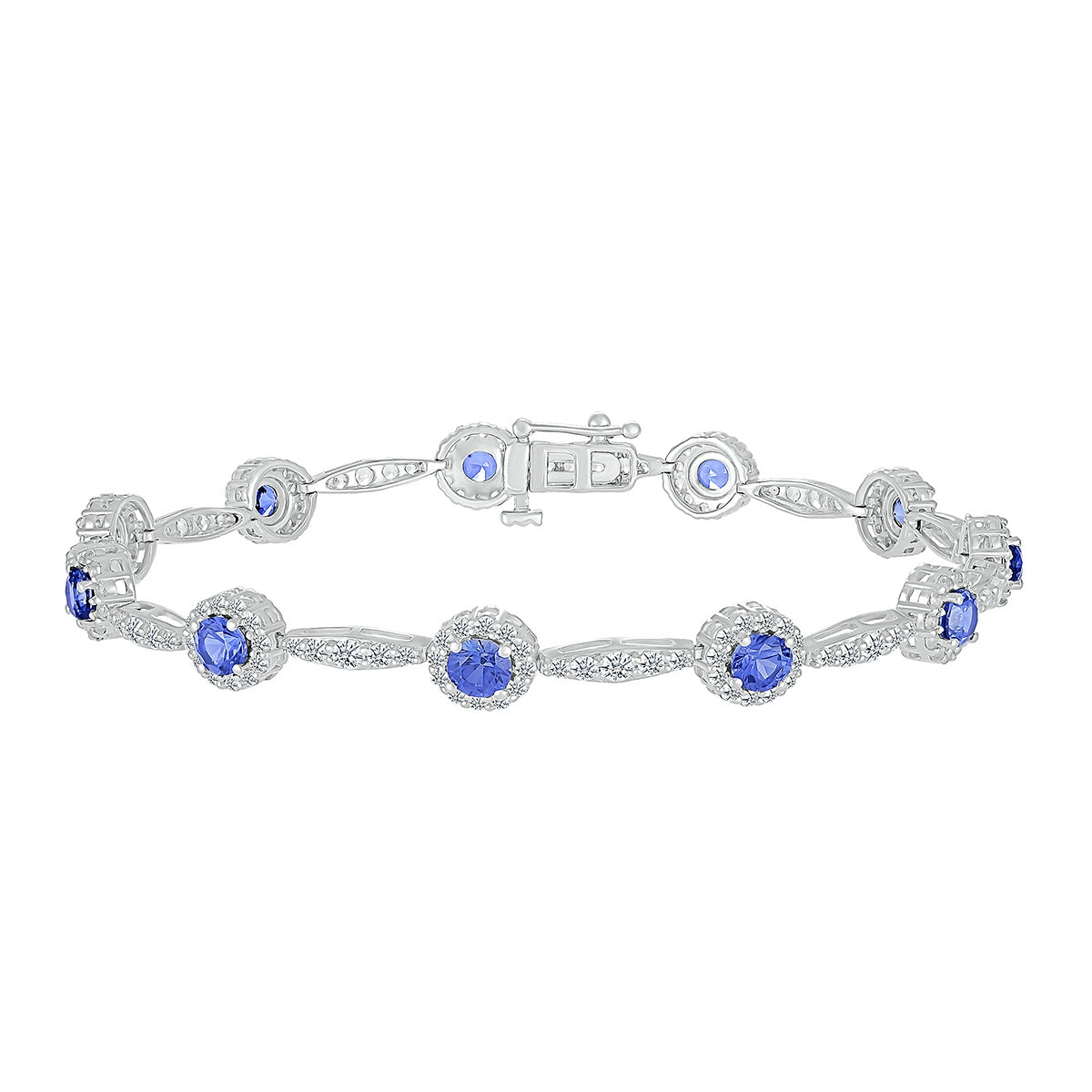 Round Sapphire & 2-1/3 ct. tw. Diamond Halo Bracelet in 14K White Gold