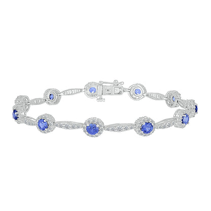 Round Sapphire & 2-1/3 ct. tw. Diamond Halo Bracelet in 14K White Gold
