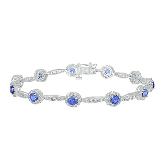 Round Sapphire & 2-1/3 ct. tw. Diamond Halo Bracelet in 14K White Gold