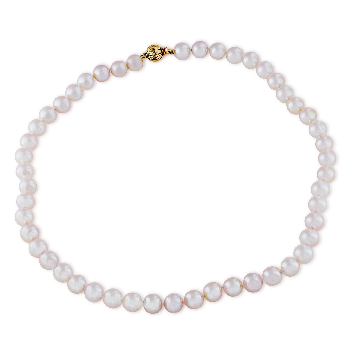8-8 1/2mm Akoya Pearl Necklace with Corrugated Ball Clasp in 14K Yellow Gold front view