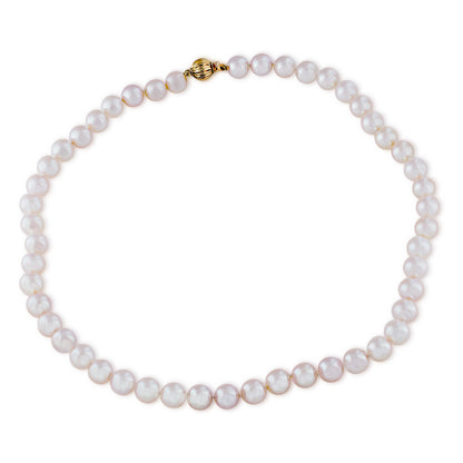 8-8 1/2mm Akoya Pearl Necklace with Corrugated Ball Clasp in 14K Yellow Gold front view