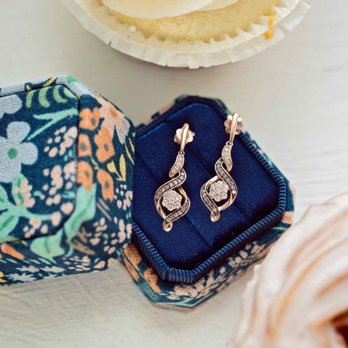 Mocha Collection 1/2 ct. tw. Round Mocha & White Diamond Cluster Twist Fashion Dangle Earrings in 10K Pink Gold front view