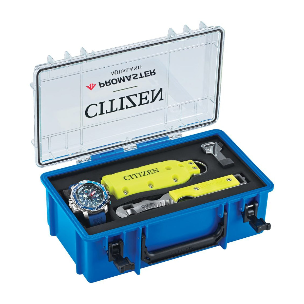 Citizen Men's Promaster Aqualand Stainless Steel Watch with Black Dial & Blue Polyurethane Strap front view