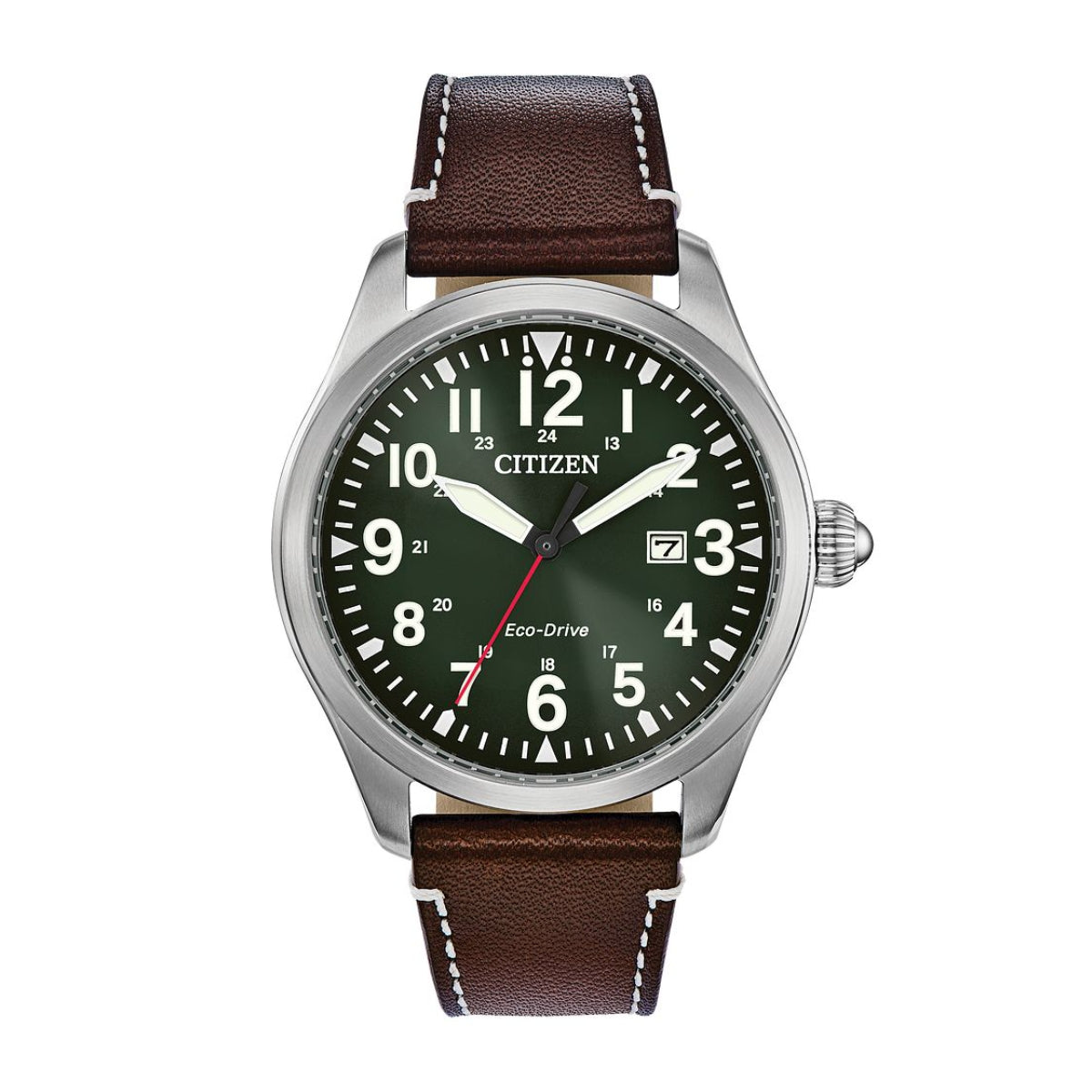 Citizen Men's Garrison Stainless Steel Watch with Green Dial & Brown Leather Strap