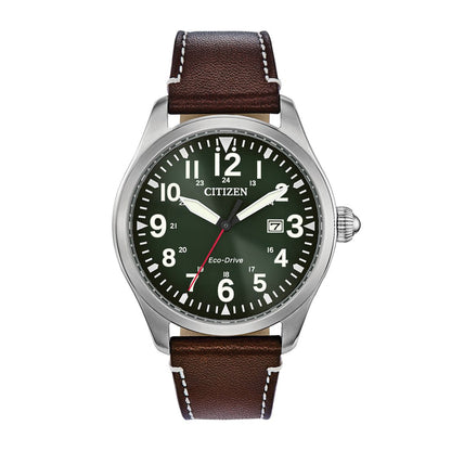 Citizen Men's Garrison Stainless Steel Watch with Green Dial & Brown Leather Strap