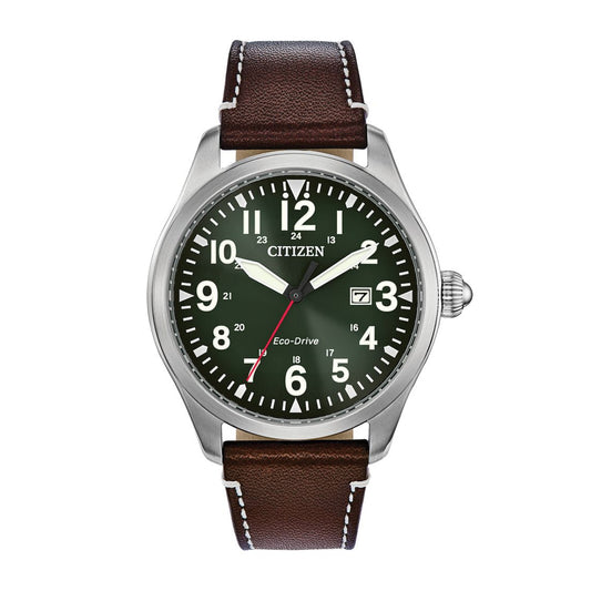 Citizen Men's Garrison Stainless Steel Watch with Green Dial & Brown Leather Strap