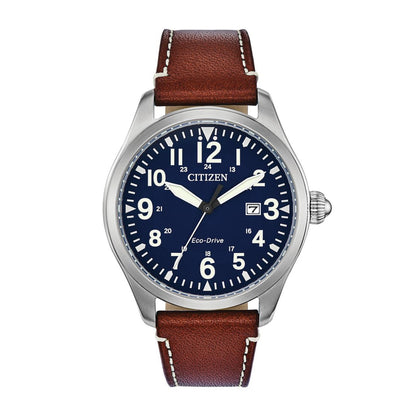 Citizen Men's Garrison Stainless Steel Watch with Blue Dial & Brown Leather Strap
