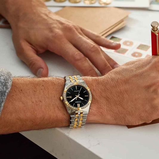 Citizen Men's Corso Diamond Eco-Drive Two-Tone Stainless Steel Watch with Black Dial close-up detail
