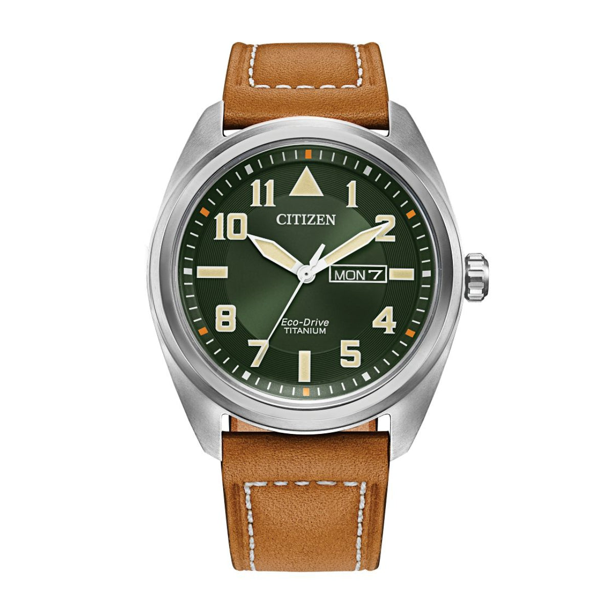 Citizen Men's Garrison Titanium Watch with Green Dial & Brown Leather Strap
