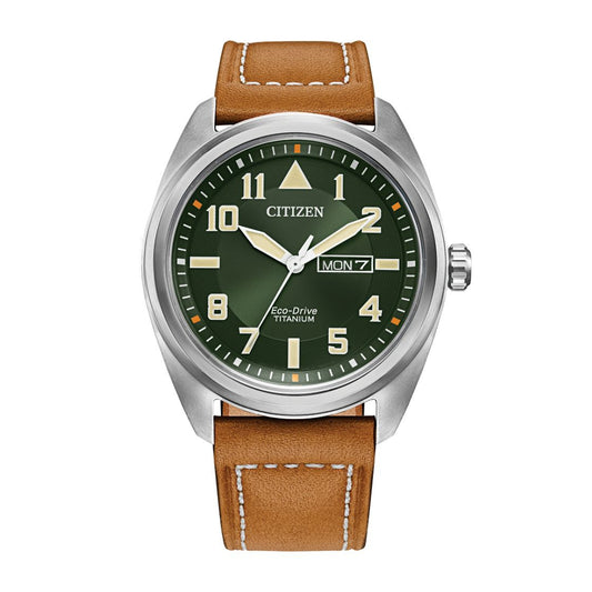 Citizen Men's Garrison Titanium Watch with Green Dial & Brown Leather Strap