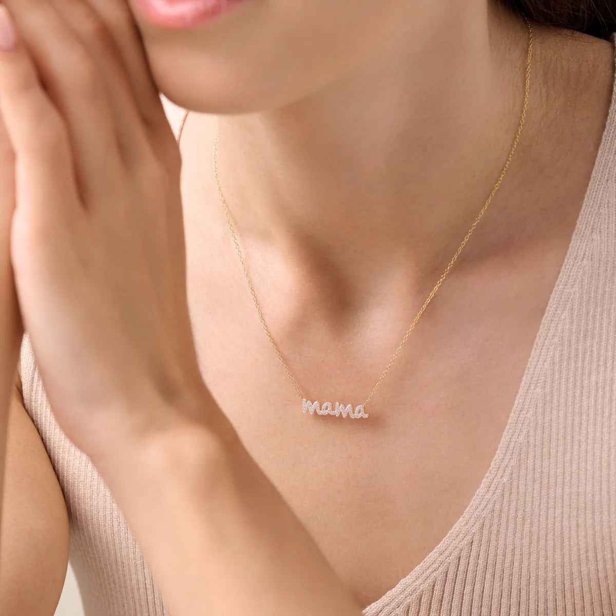 M by Monte Luna 1/8 ct. tw. Lab-Grown Diamond Mama Necklace in 14K Yellow Gold Plated Sterling Silver front view