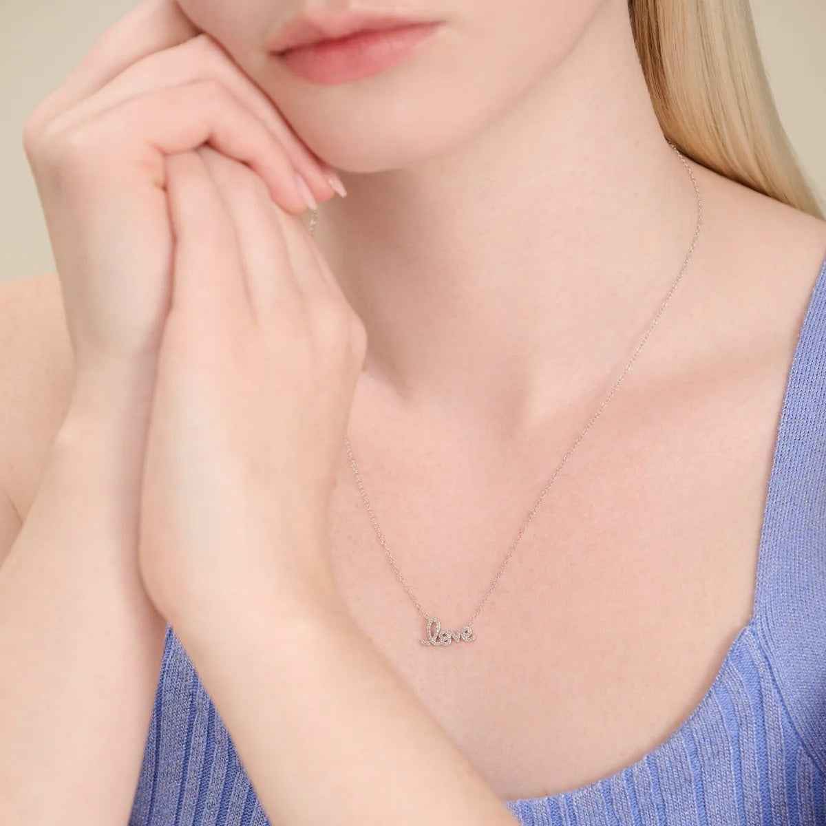 M by Monte Luna 1/8 ct. tw. Lab-Grown Diamond Love Necklace in Rhodium Plated Sterling Silver front view