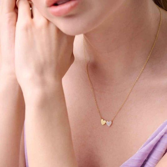 M by Monte Luna 1/8 ct. tw. Lab-Grown Diamond Twin Heart Necklace in 14K Yellow Gold Plated Sterling Silver front view