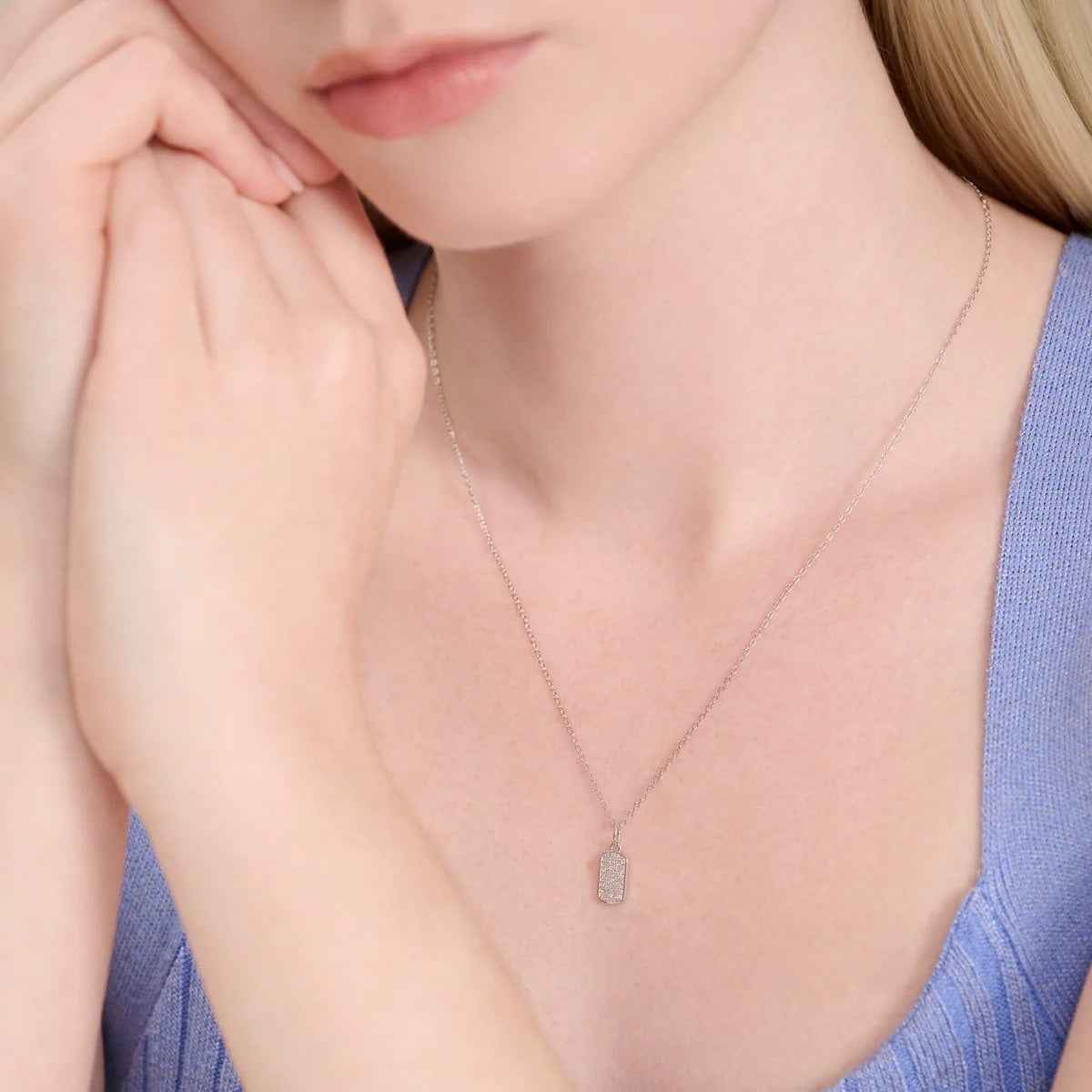 M by Monte Luna 1/8 ct. tw. Lab-Grown Diamond Hex Tag Pendant in Rhodium Plated Sterling Silver front view