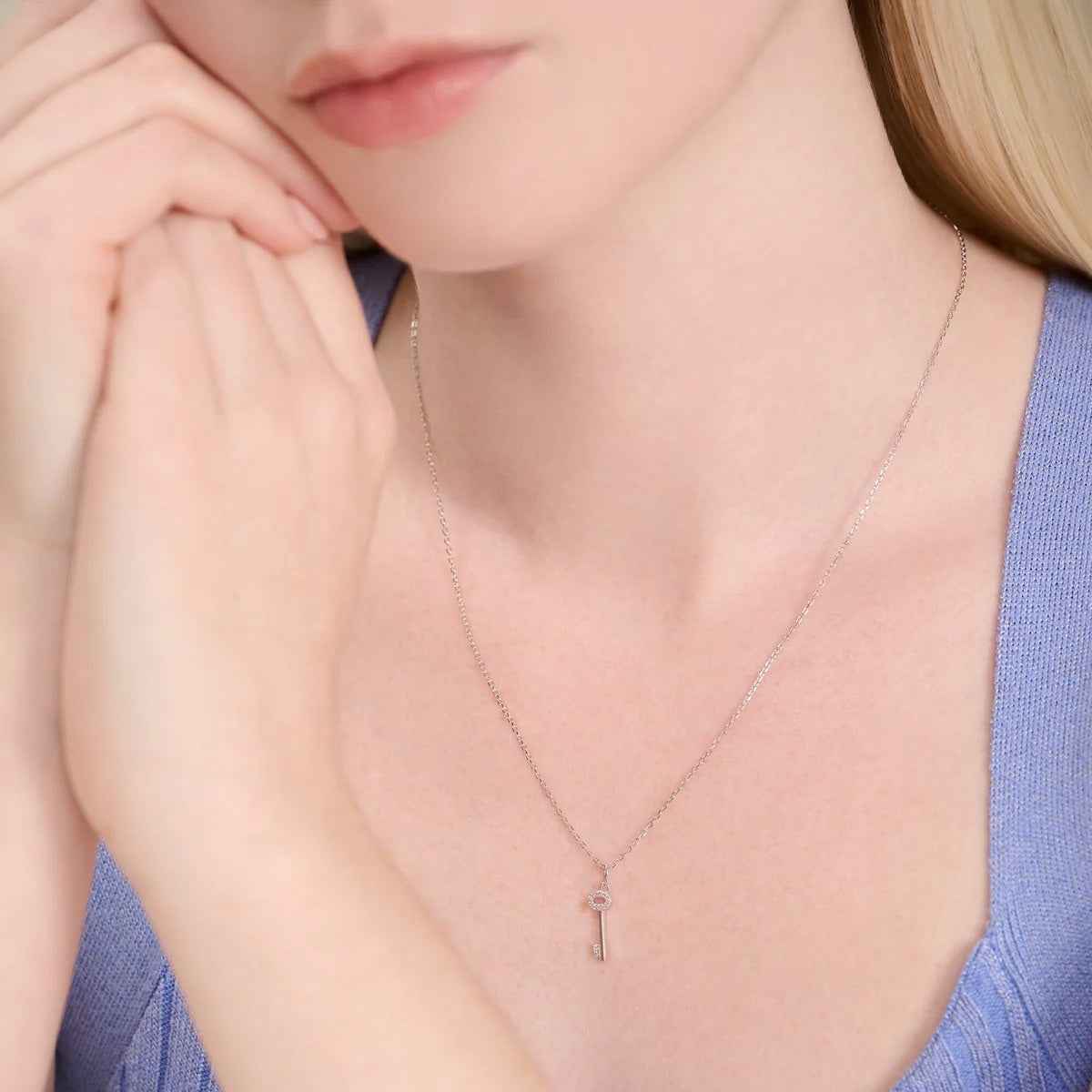 M by Monte Luna Lab-Grown Diamond Accent Skeleton Key Pendant in Rhodium Plated Sterling Silver front view