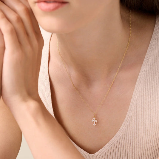M by Monte Luna 1/10 ct. tw. Lab-Grown Diamond Flory Cross Pendant in 14K Yellow Gold Plated Sterling Silver front view