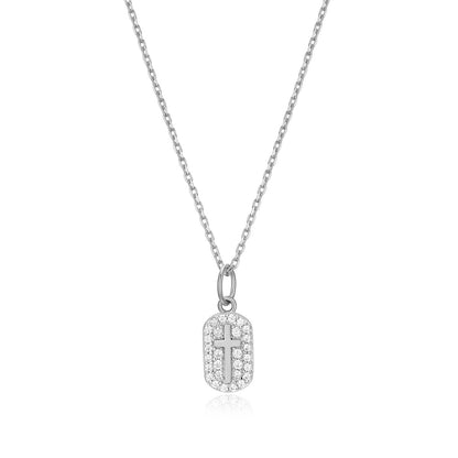 M by Monte Luna 1/6 ct. tw. Lab-Grown Diamond Cross Tag Pendant in Rhodium Plated Sterling Silver