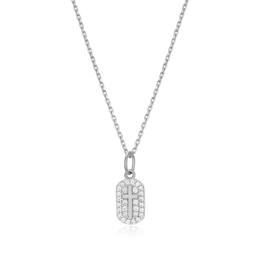 M by Monte Luna 1/6 ct. tw. Lab-Grown Diamond Cross Tag Pendant in Rhodium Plated Sterling Silver