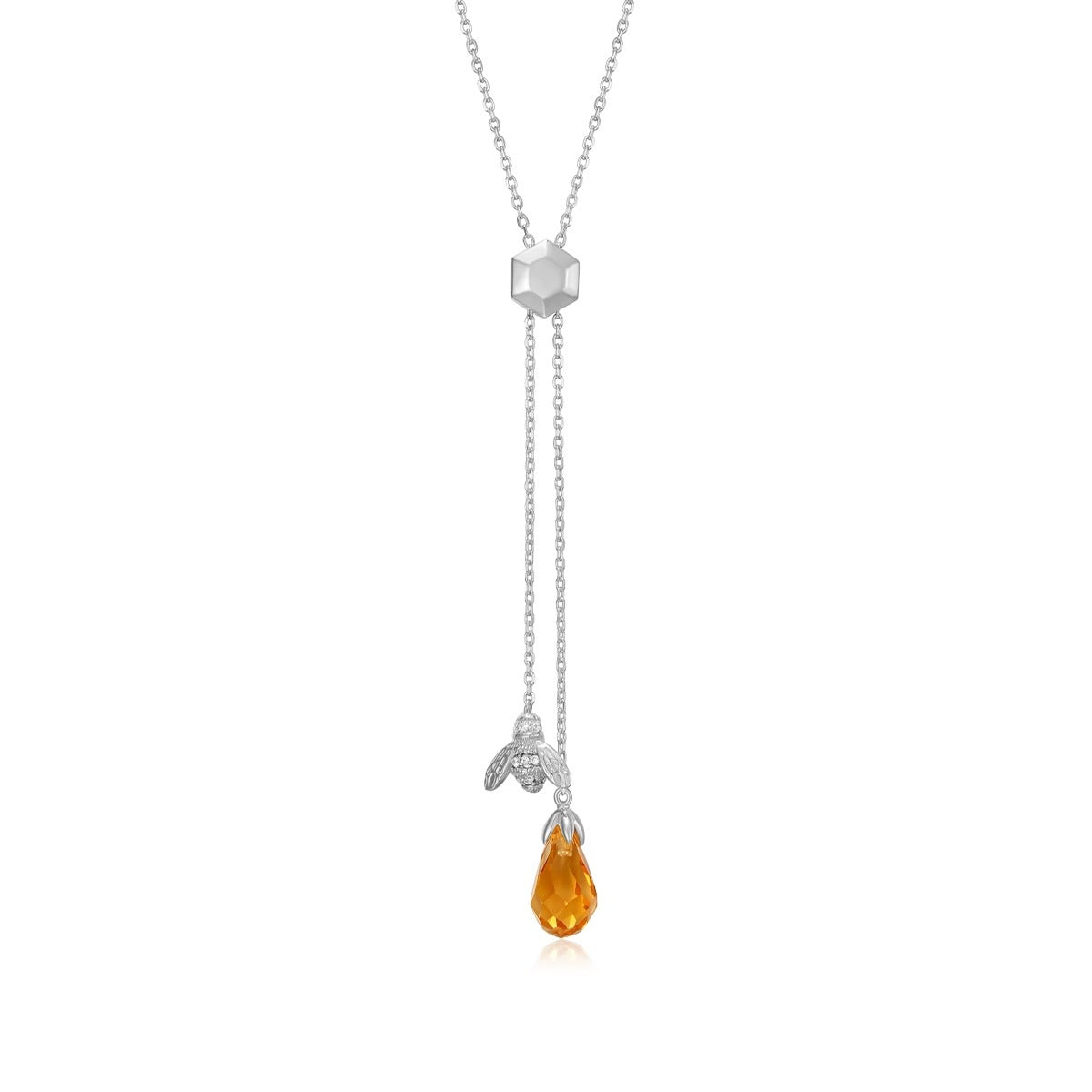 M by Monte Luna Lab -Grown Diamond Accent & Pear Citrine Honey Bee Y Necklace in Rhodium Plated Sterling Silver