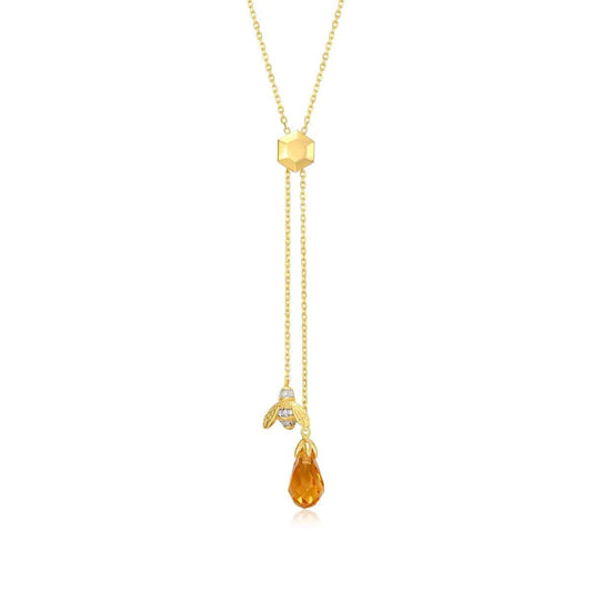 M by Monte Luna Lab -Grown Diamond Accent & Pear Citrine Honey Bee Y Necklace in 14K Yellow Gold Plated Sterling Silver