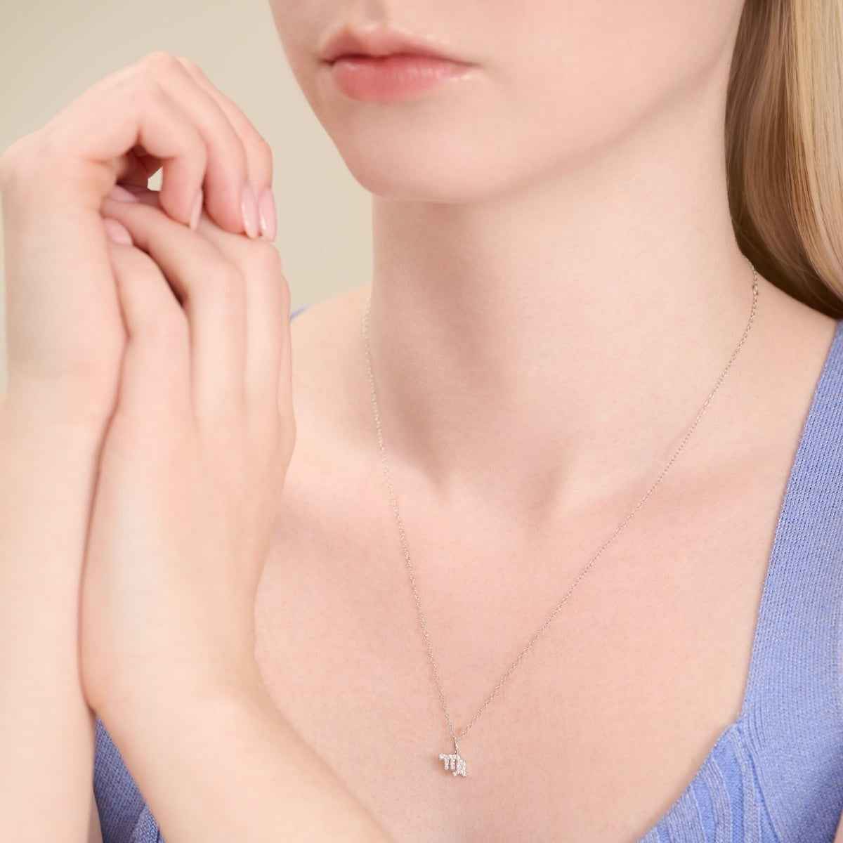 M by Monte Luna Lab-Grown Diamond Accent Virgo Pendant in Rhodium Plated Sterling Silver front view