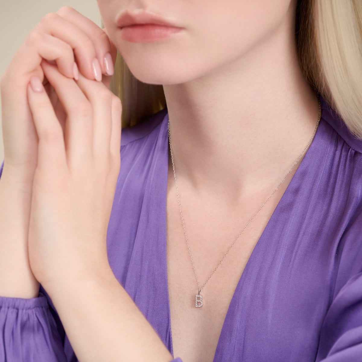 M by Monte Luna Lab-Grown Diamond Accent Initial B Pendant in Rhodium Plated Sterling Silver front view