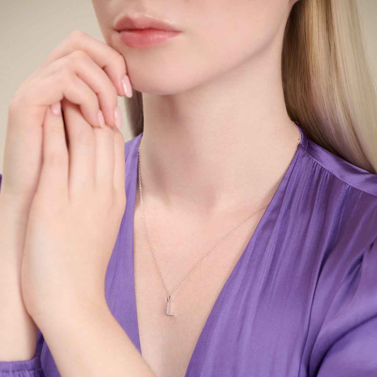 M by Monte Luna Lab-Grown Diamond Accent Initial L Pendant in Rhodium Plated Sterling Silver front view