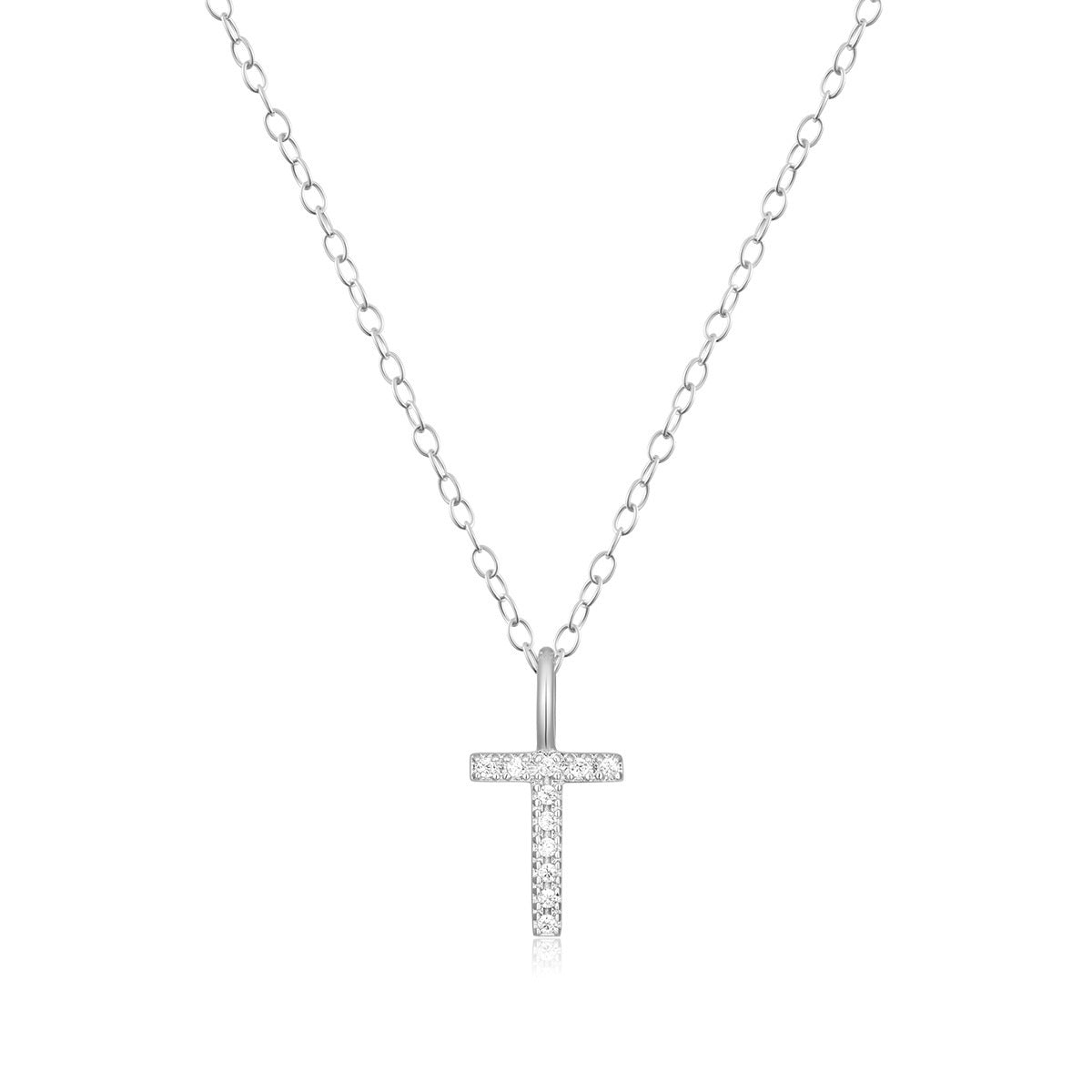 M by Monte Luna Lab-Grown Diamond Accent Initial T Pendant in Rhodium Plated Sterling Silver